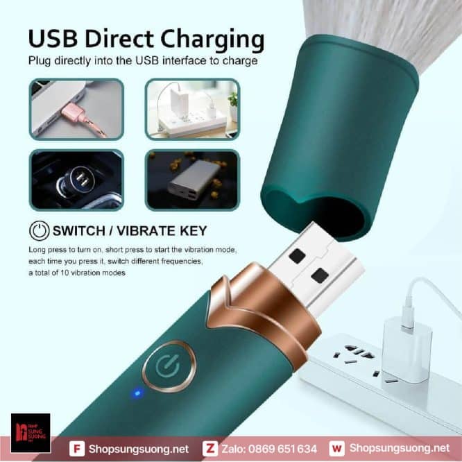 Cọ trang điểm rung sạc cổng USB tiện lợi